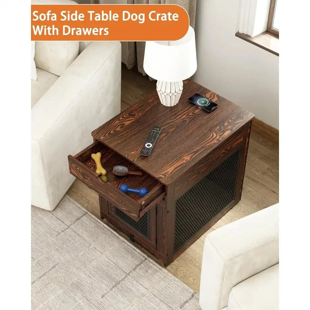 2025 New Wooden Dog Crate End Table with Storage  and QC3.0 Wireless Charging