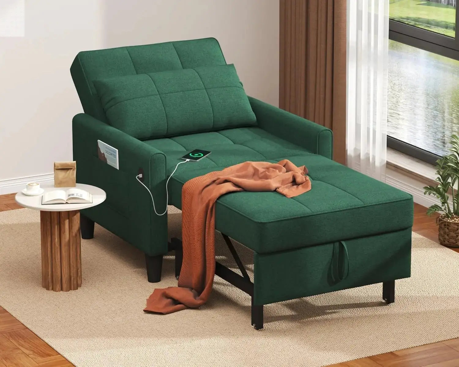 "3-in-1 Sleeper Chair - Convertible Futon with USB Ports & Side Pockets