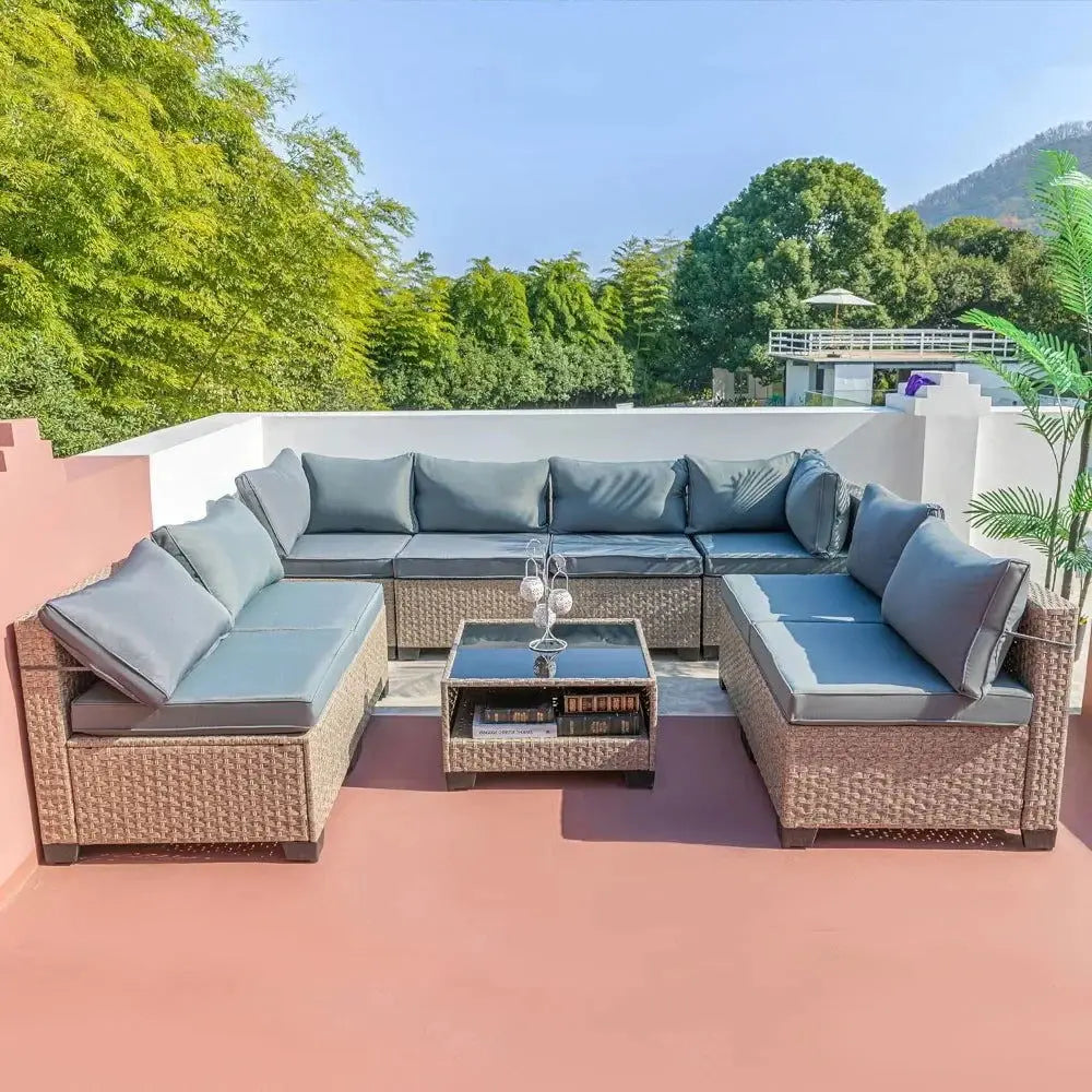 9-Piece All-Weather Patio Furniture Set with Cushions and Storage Table for Outdoor Comfort