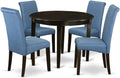 Boston 5-Piece Kitchen Set: 42" Round Dining Table with Four Blue Linen Parsons Chairs in Cappuccino Finish