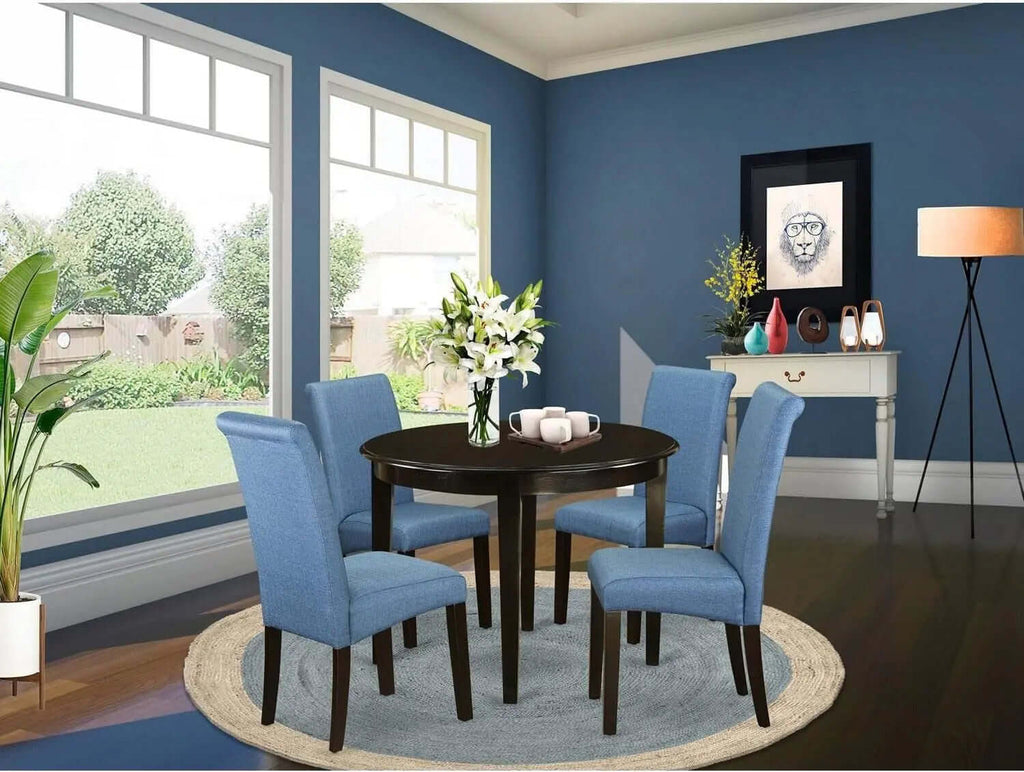 Boston 5-Piece Kitchen Set: 42" Round Dining Table with Four Blue Linen Parsons Chairs in Cappuccino Finish