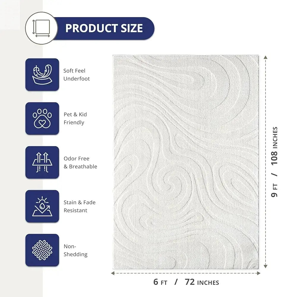 Cozy Cream 6x9 Area Rug For Living Room, Bedroom - Swirl Waves Pattern, Durable & Easy To Clean