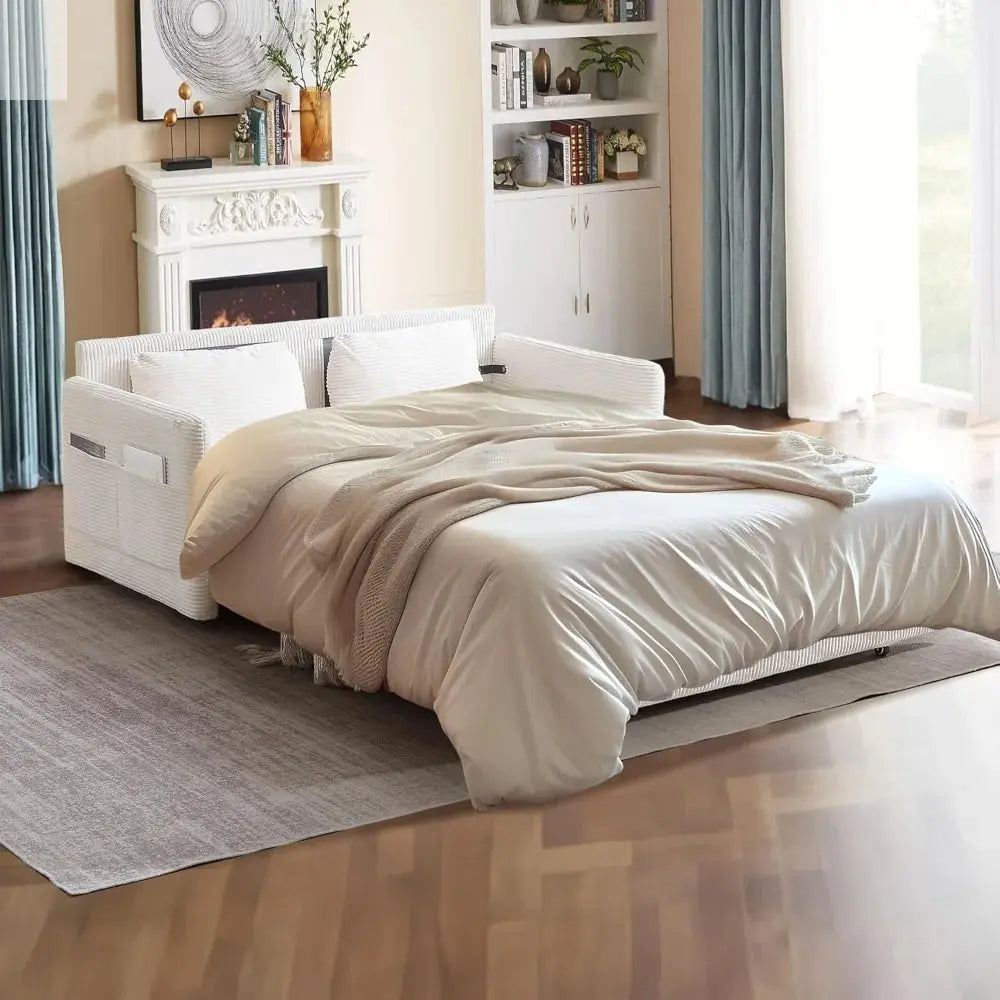 Queen Size Convertible Sofa Bed with Storage and Arm Pillows for Living Room
