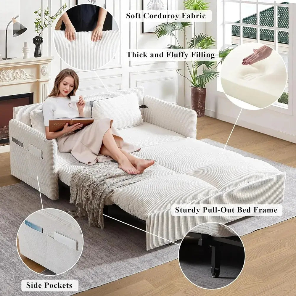 Queen Size Convertible Sofa Bed with Storage and Arm Pillows for Living Room