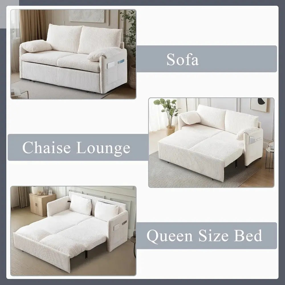 Queen Size Convertible Sofa Bed with Storage and Arm Pillows for Living Room