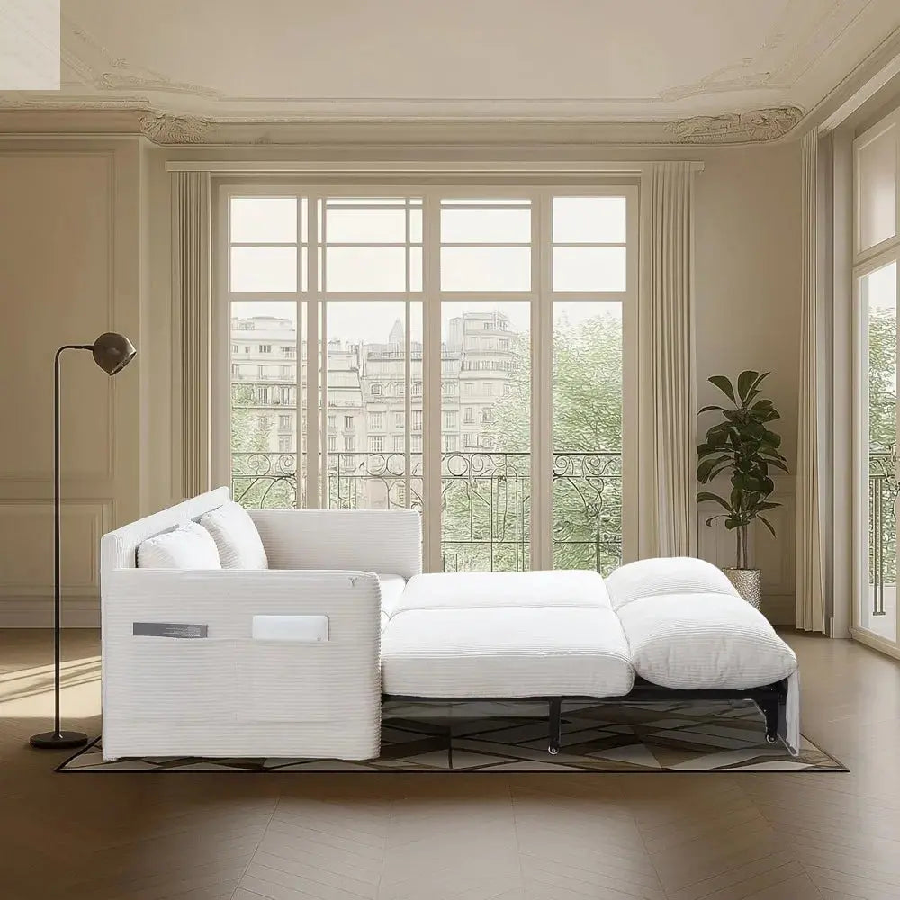 Queen Size Convertible Sofa Bed with Storage and Arm Pillows for Living Room