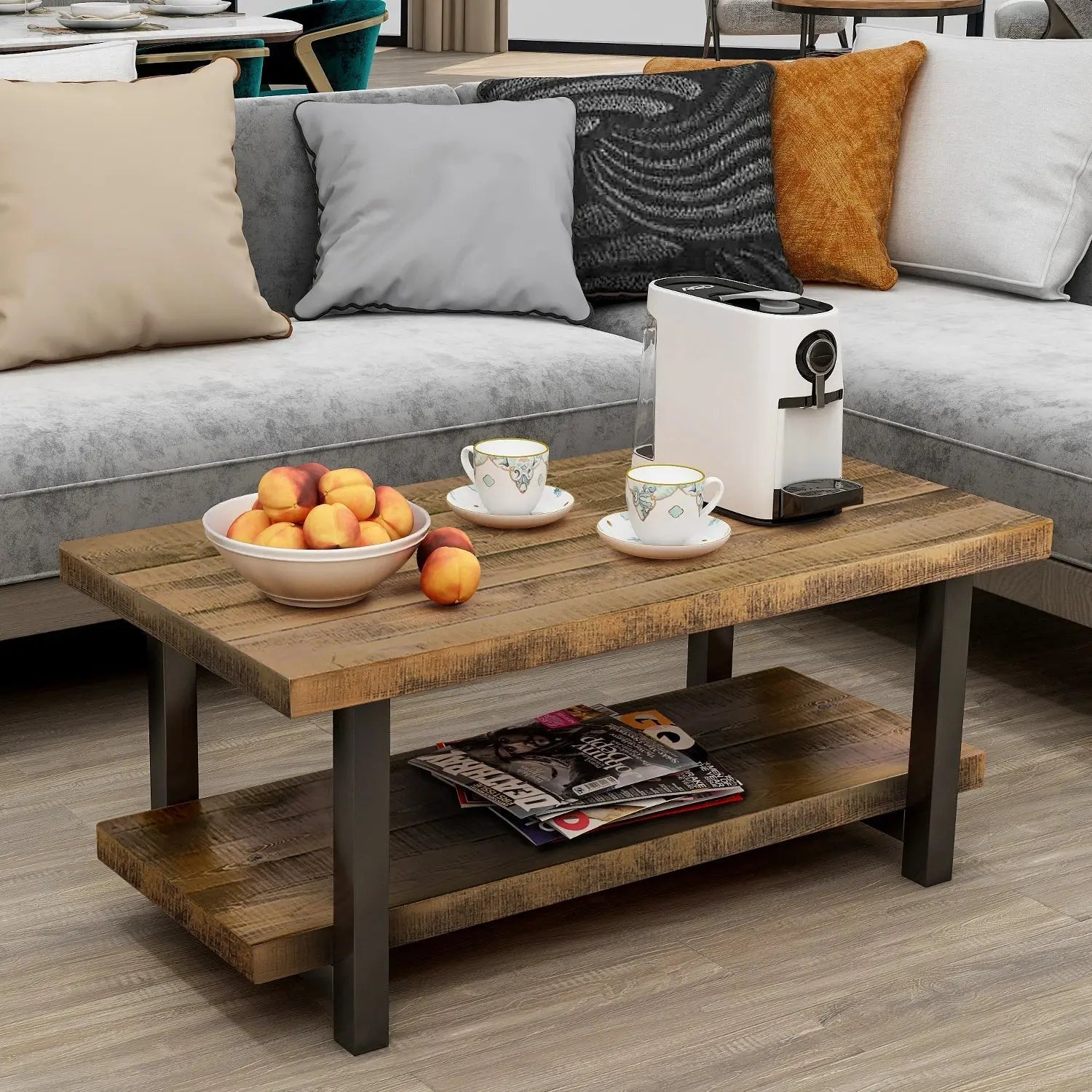 Rustic Natural Coffee Table with Storage Shelf - Square/Rectangular Design for Living Room, Easy Assembly