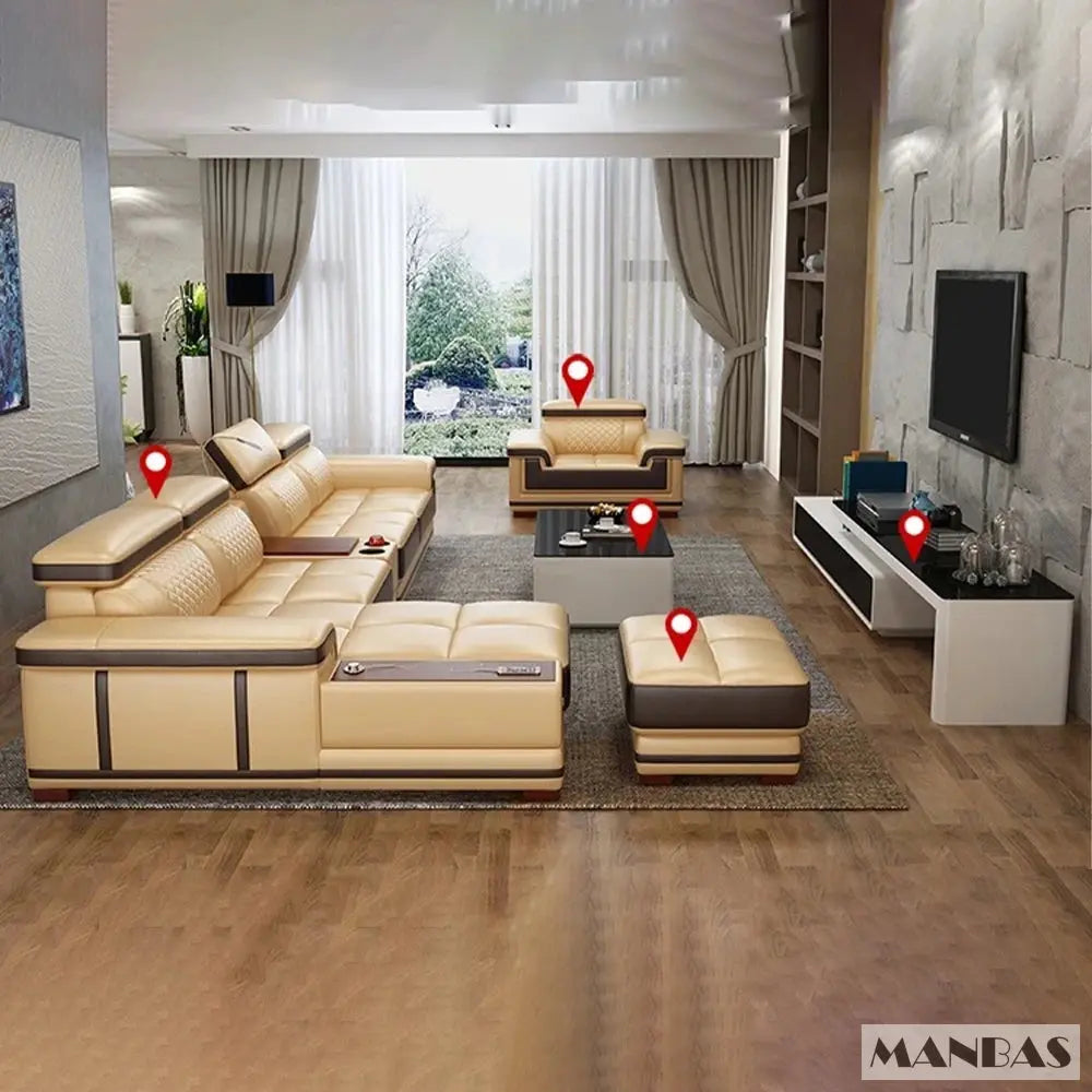 Italian Genuine Leather Sectional Sofa Set with Adjustable Headrests and Bluetooth Speaker