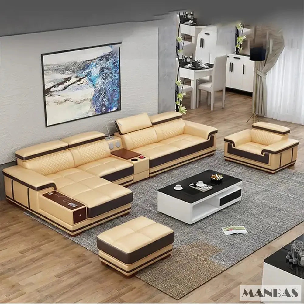 Italian Genuine Leather Sectional Sofa Set with Adjustable Headrests and Bluetooth Speaker