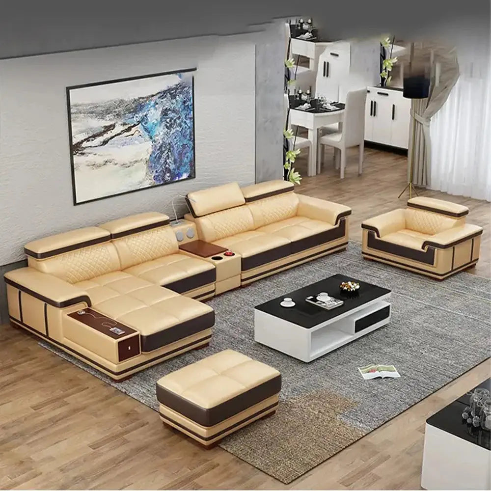 Italian Genuine Leather Sectional Sofa Set with Adjustable Headrests and Bluetooth Speaker