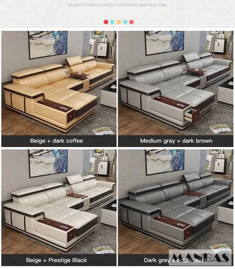 Italian Genuine Leather Sectional Sofa Set with Adjustable Headrests and Bluetooth Speaker