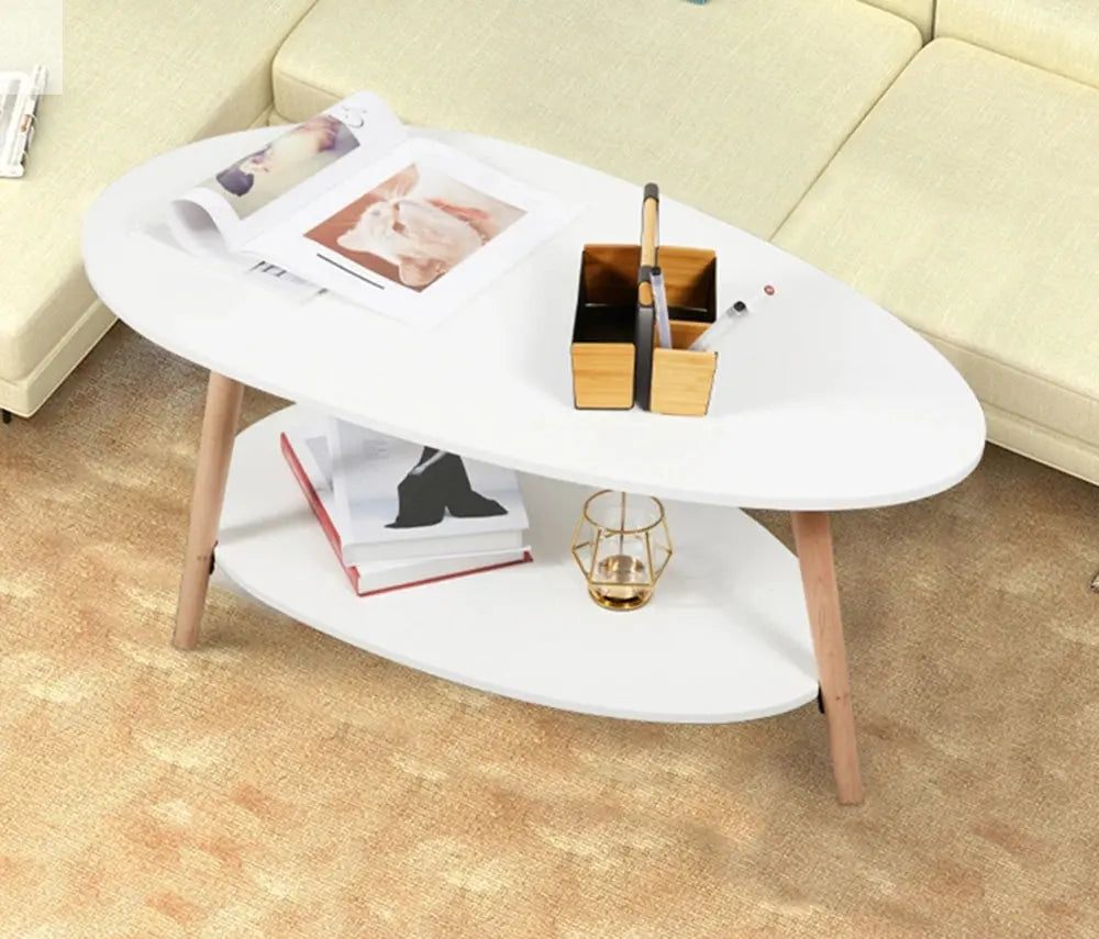 Vab-ches Coffee Table Oval Wood End Table with 2 Tier Open Storage Shelves