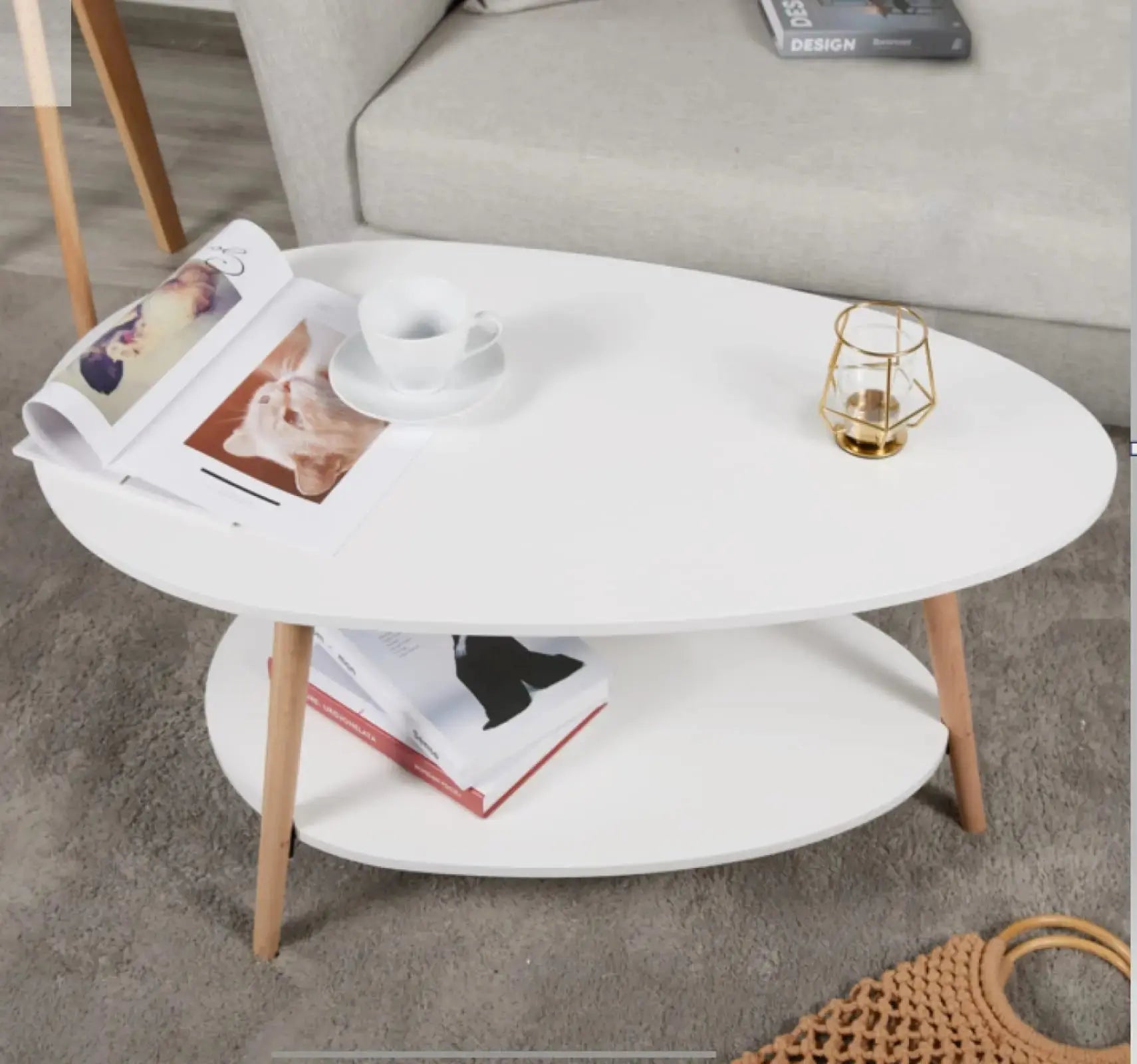 Vab-ches Coffee Table Oval Wood End Table with 2 Tier Open Storage Shelves